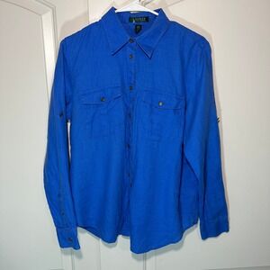 Lauren Ralph Lauren Linen Shirt Roll Tab Long Sleeve Button Down Blue Logo Large